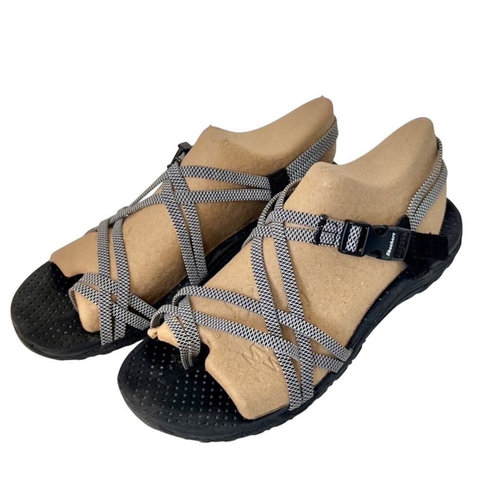 Skechers Reggae Irie Mon Outdoor Black White Strappy Sandals Trek Hiking Size 8